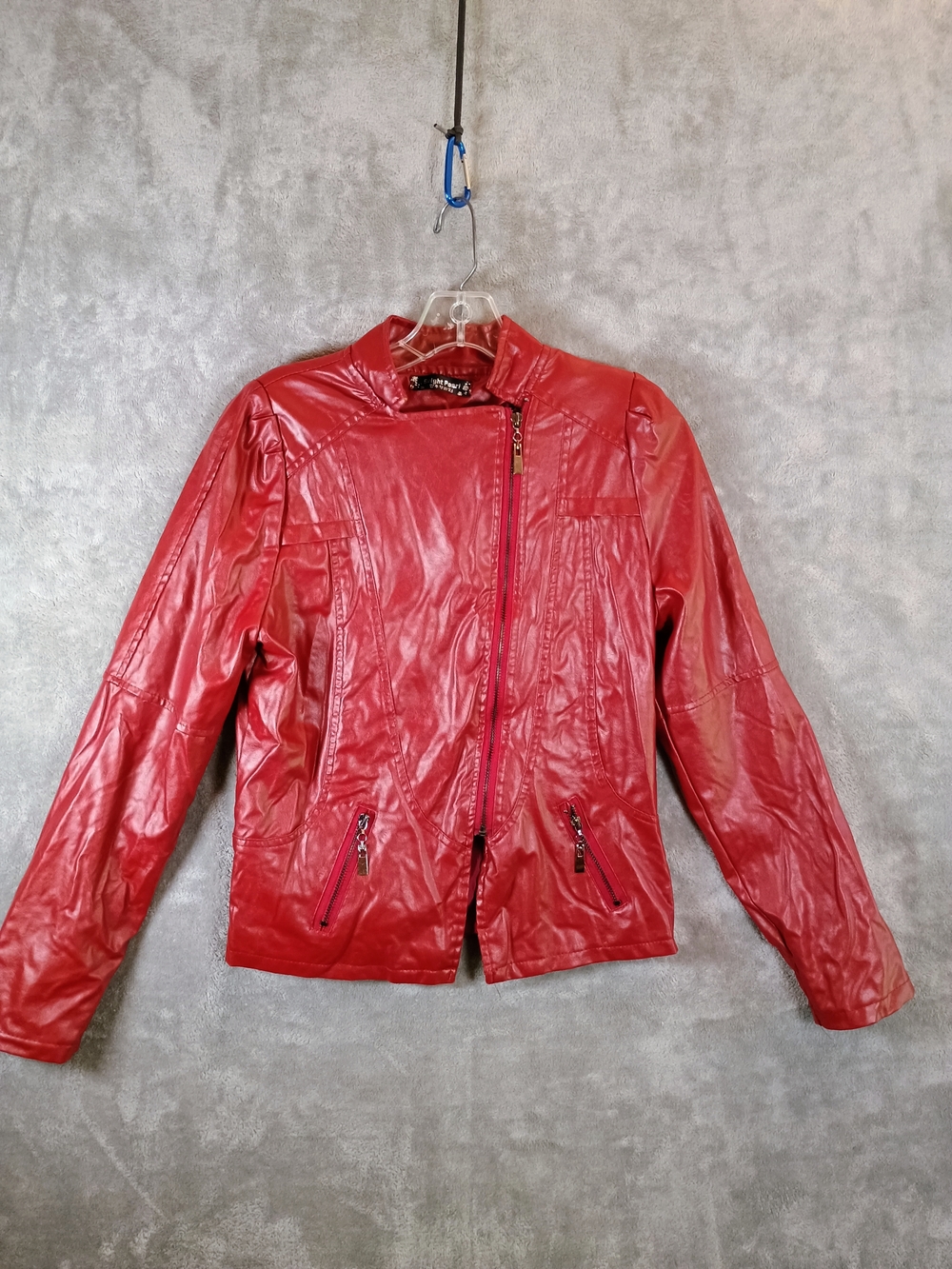 Red Faux Leather Biker Jacket Bright Pearl Made In Korea